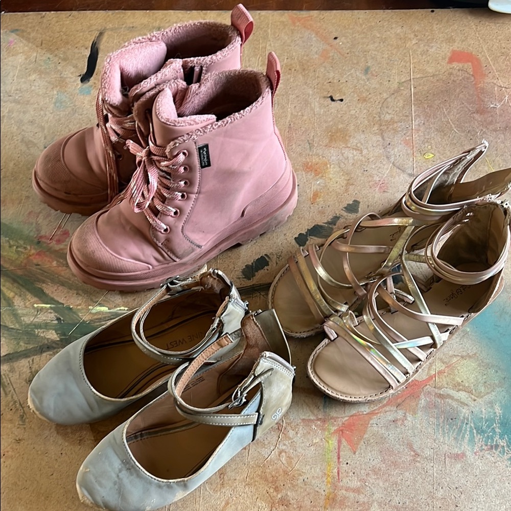 Girls size 13 very well loved summer shoes & sandals along w/ pink winter Boots